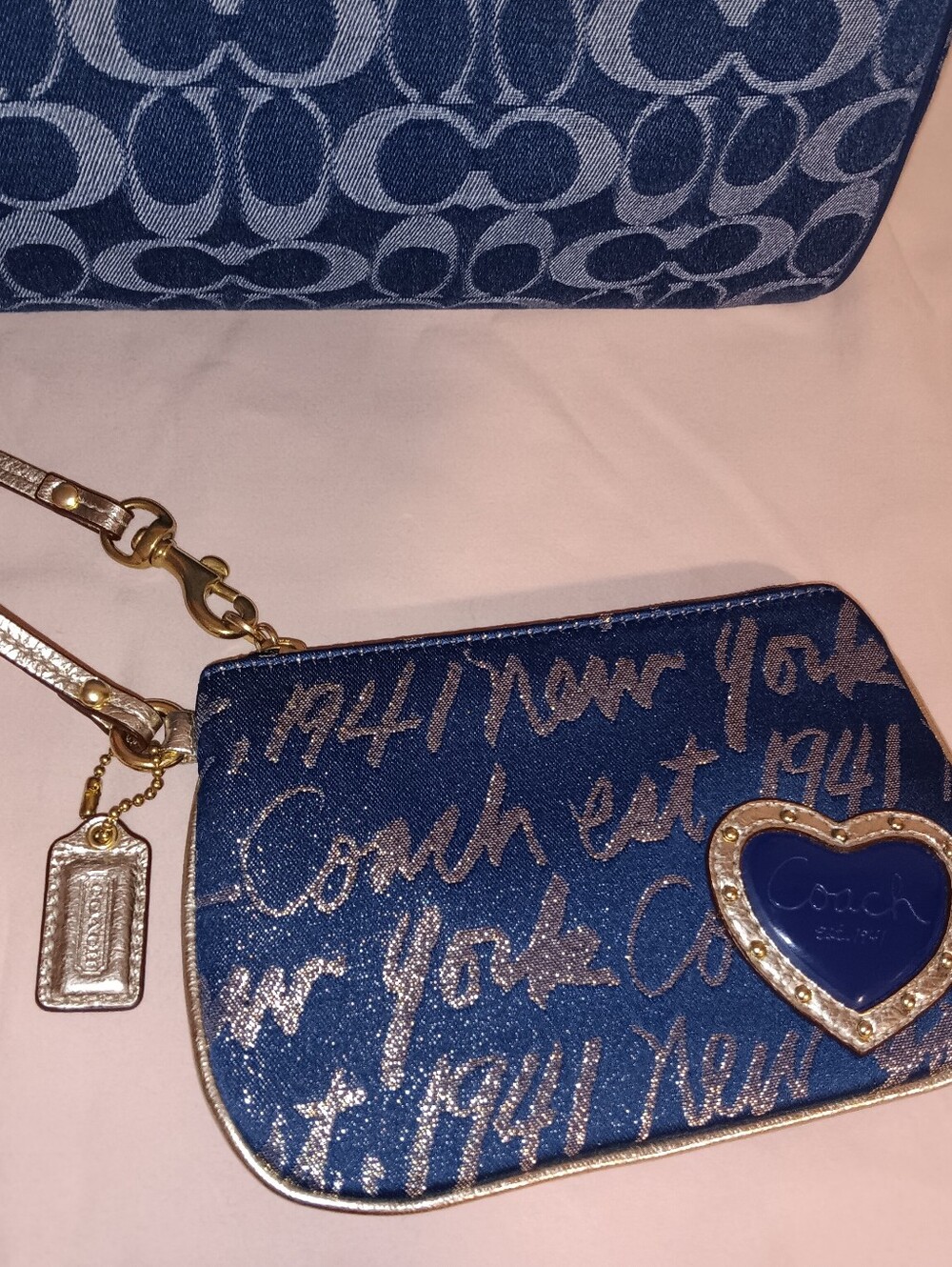 Coach Large Denim Rowan With Coach Poppy Small Wristlet With Gold Leather Trim - Picture 16 of 16